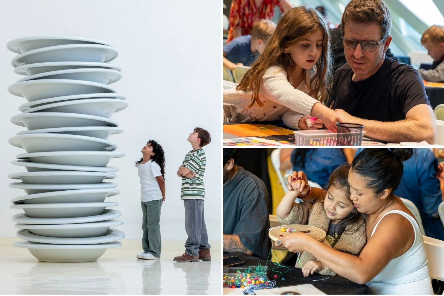 Collage of three photos: One is a photo of Robert Therrien sculpture of an oversized stack of plates with two children standing next to it, and the other two photos are of families participating in past family weekend workshops