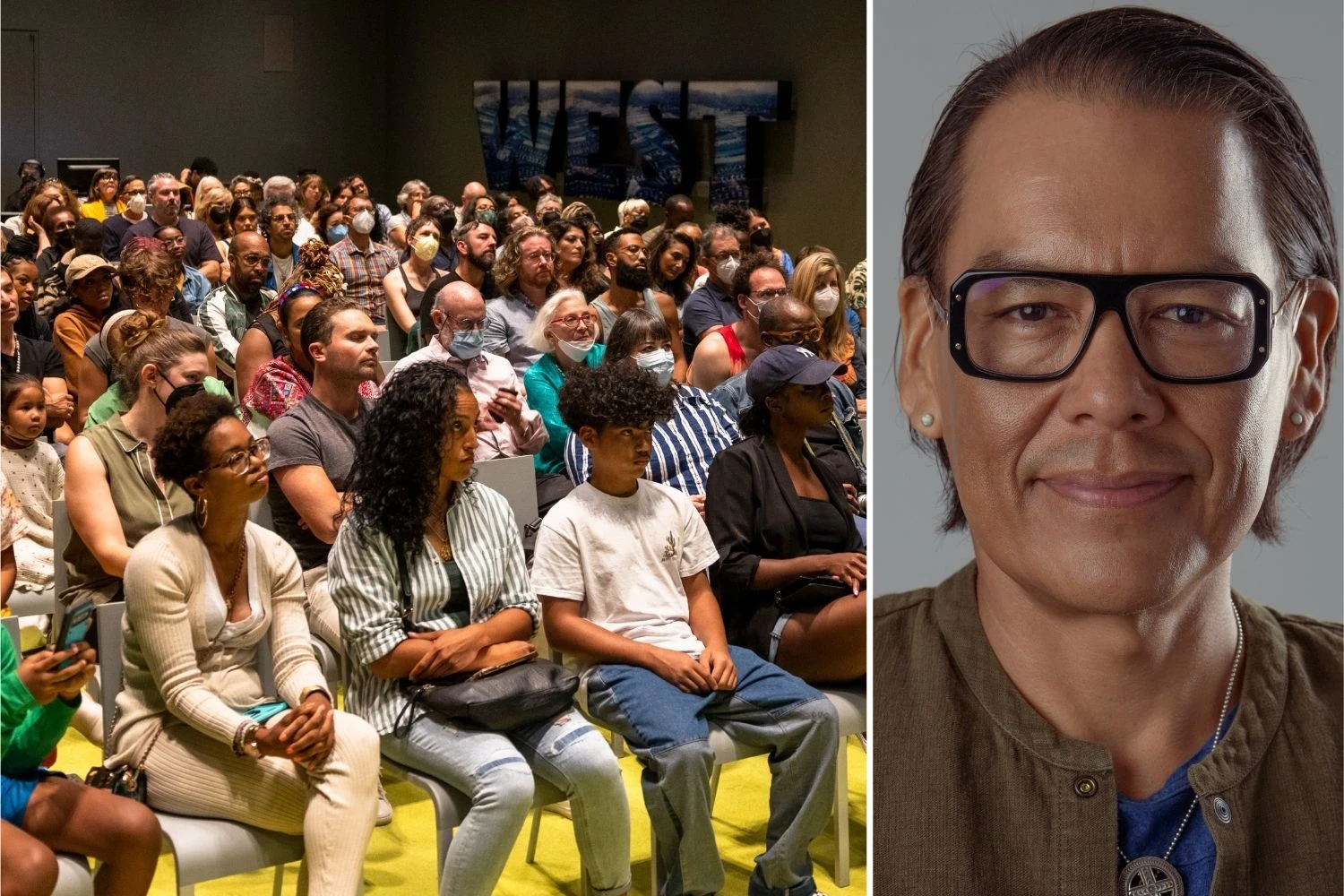 Two photo collage: on the left is a crowd inside Oculus Hall watching a program; on the right is Bird Runningwater wearing black glasses and a green overcoat
