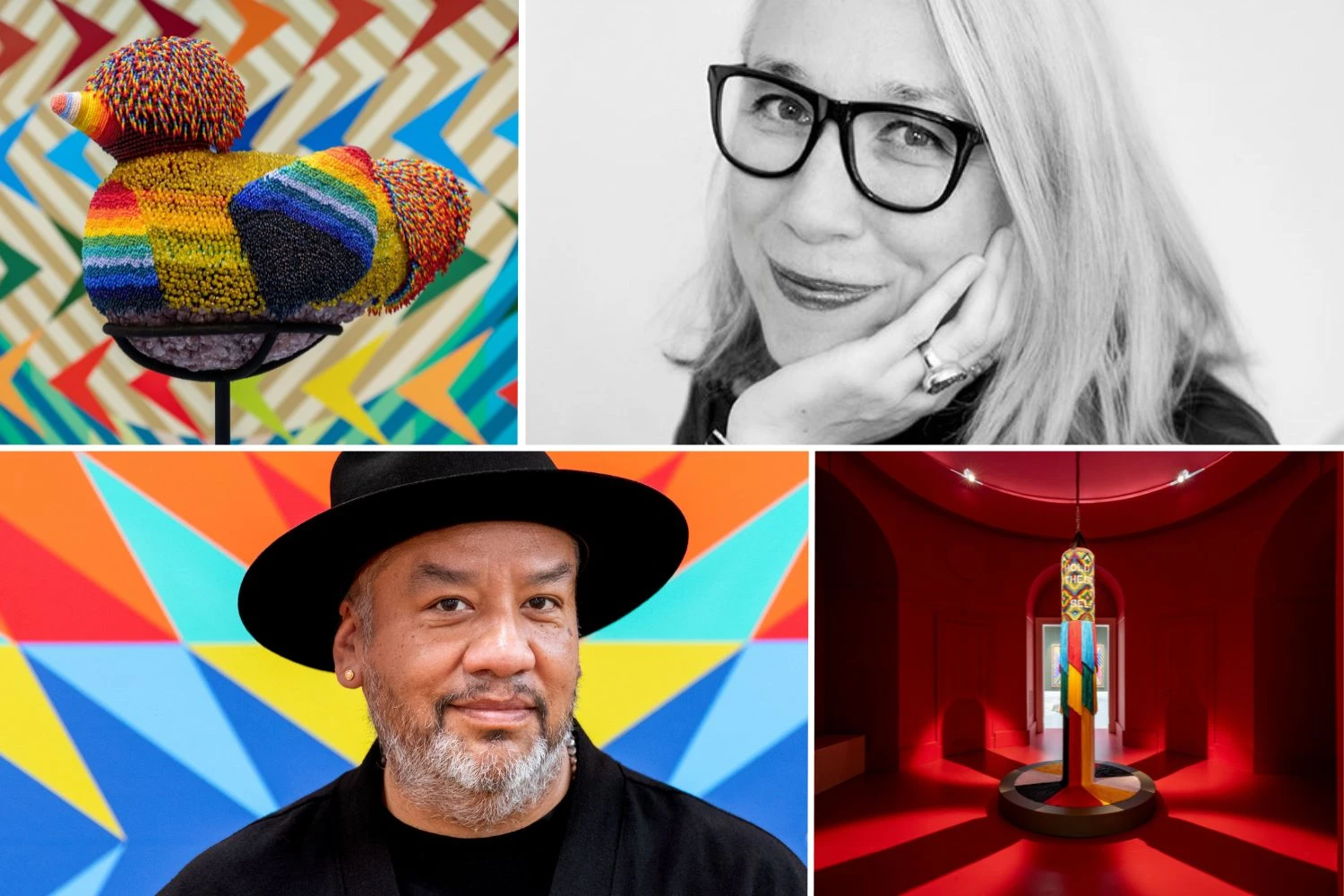 four photo collage: beaded bird artwork install shot, image of punching bag artwork in a red room, jeffrey gibson headshot wearing black and a black hat, alexandra grant headshot in black and white