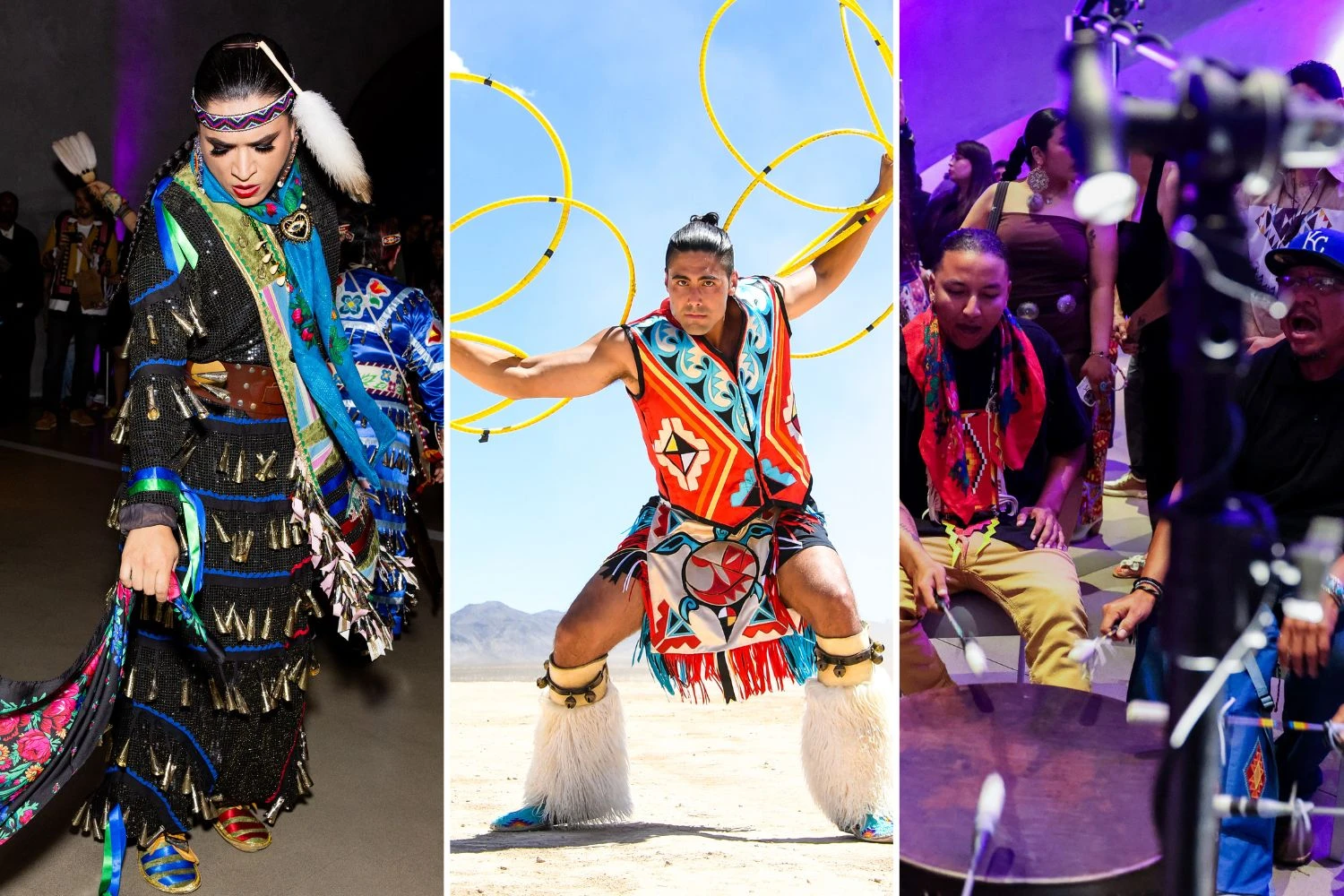 collage of jingle dress dancer, hoop dancer, drummers