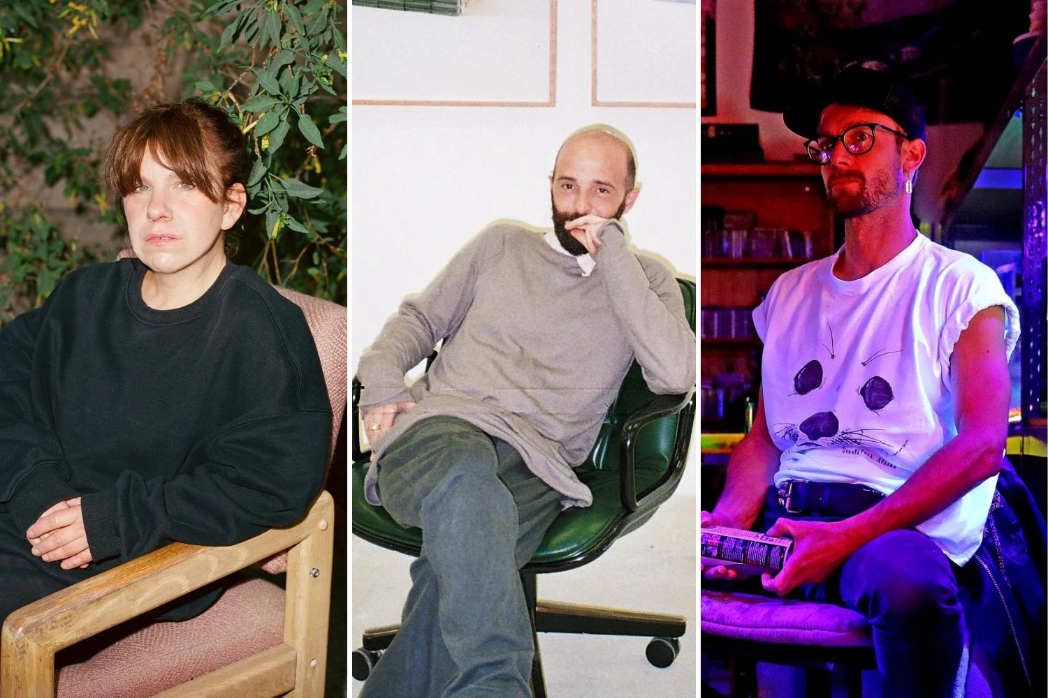 Three seated individuals shown side-by-side: left, a person in a black sweatshirt outdoors; center, a person in a gray sweater indoors, resting their hand near their face; right, a person in glasses and a white graphic T-shirt seated in a dimly lit room.