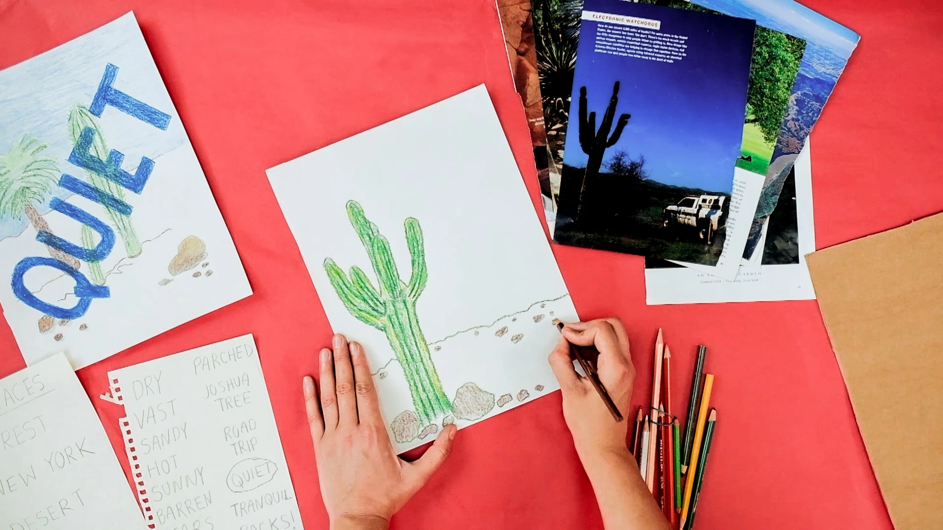 still of woman's hands drawing from the Ed Ruscha-inspired family art workshop