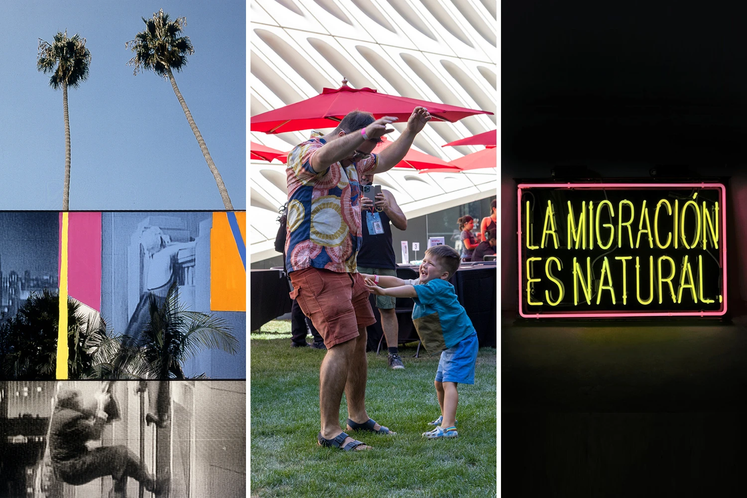 A photo of a dad and young son and works by John Baldessari and Patrick Martinez