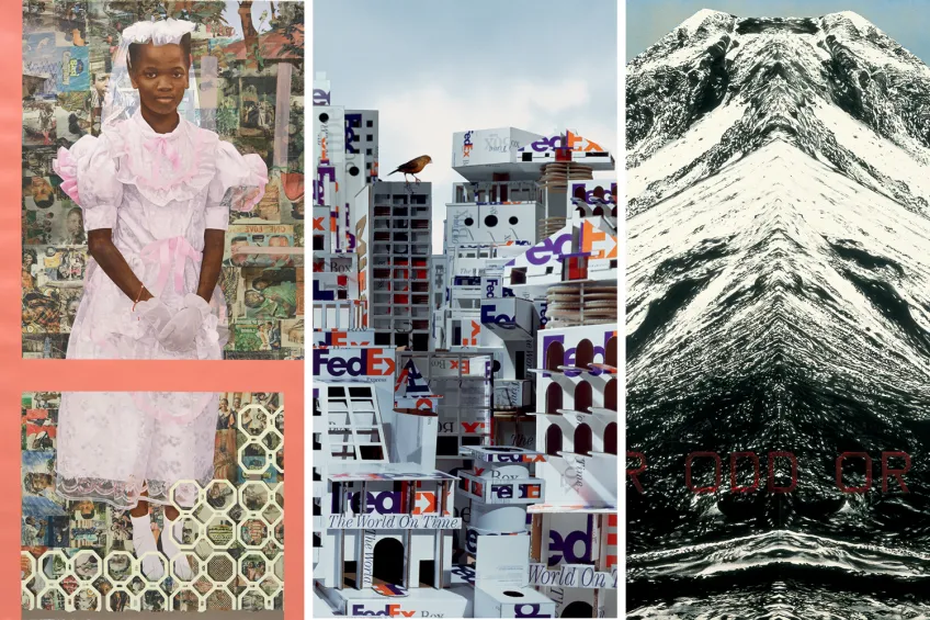 Collage of works by Njideka Akunyili Crosby, Doug Aitken, and Ed Ruscha