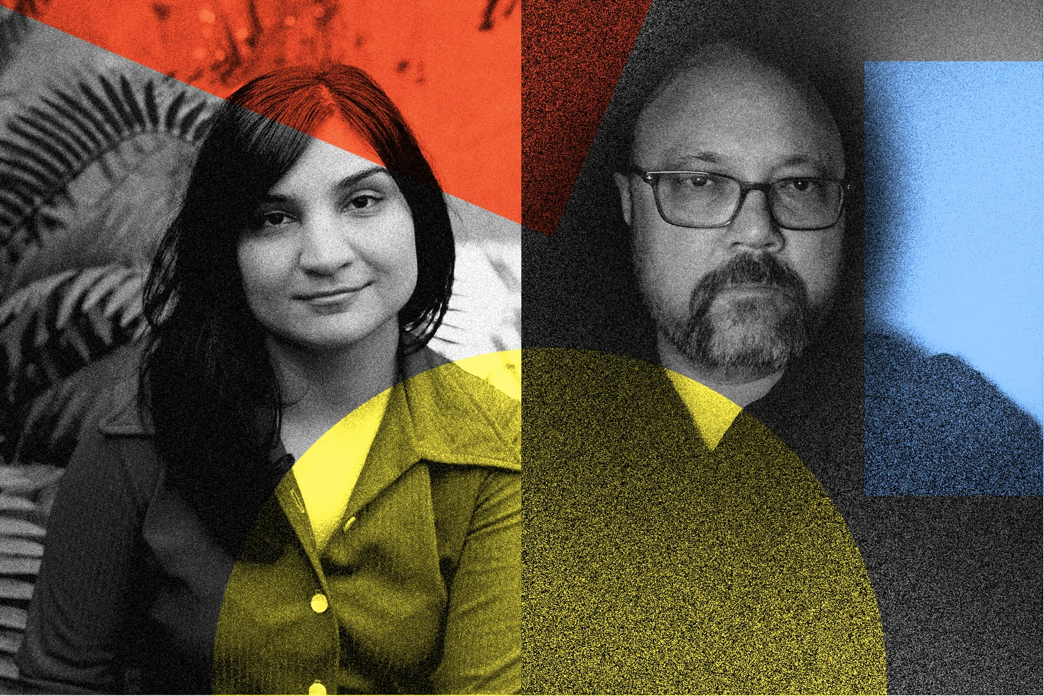 Photo collage of Sarah Davachi and Robert Takahashi Novak headshots with red, blue, and yellow shapes overlaid