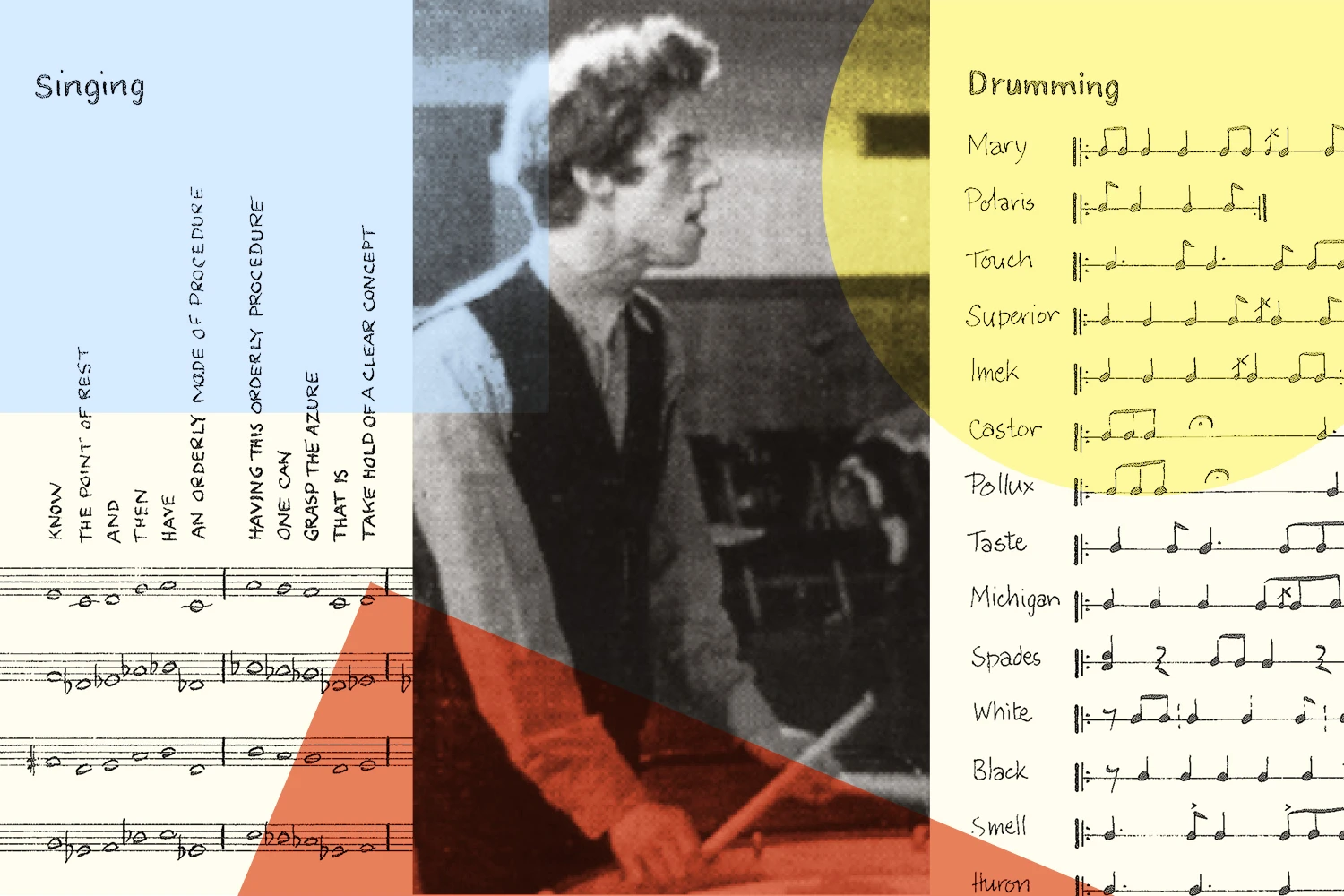 A collage that features a black and white photo of Cornelius Cardew with his written musical scores and different colored graphic shapes around him