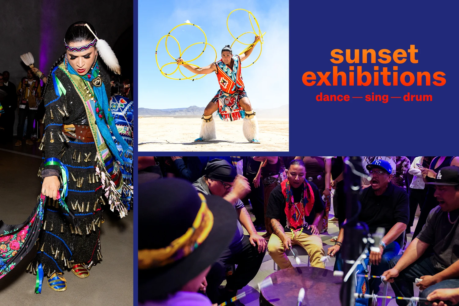 collage of jingle dress dancer, hoop dancer, drummers