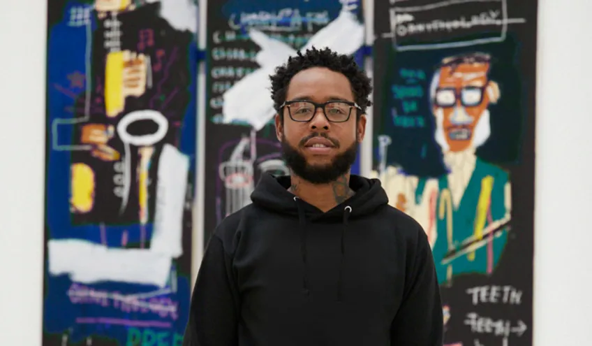 Terrace Martin in front of Jean-Michel Basquiat's Horn Players at The Broad
