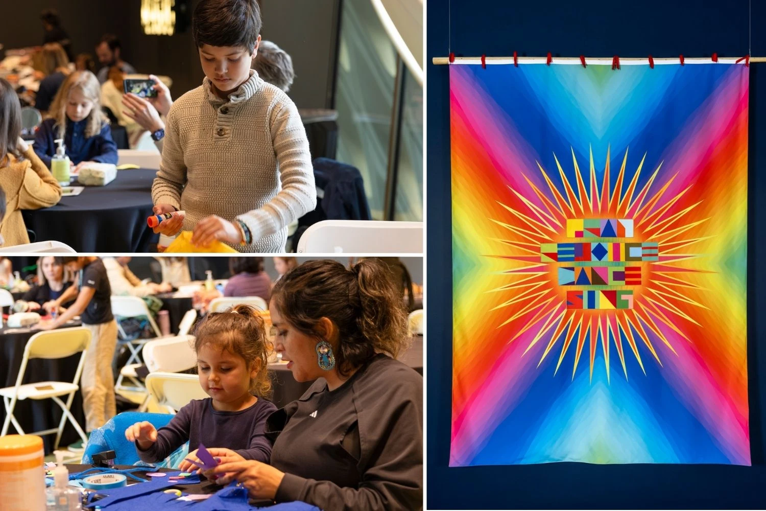 Collage of three photos: two photos have children and families participating in family weekend workshops; one photo is an artwork shot of a multi-colored flag that says "Pray Rejoice Dance Sing" by Jeffrey Gibson