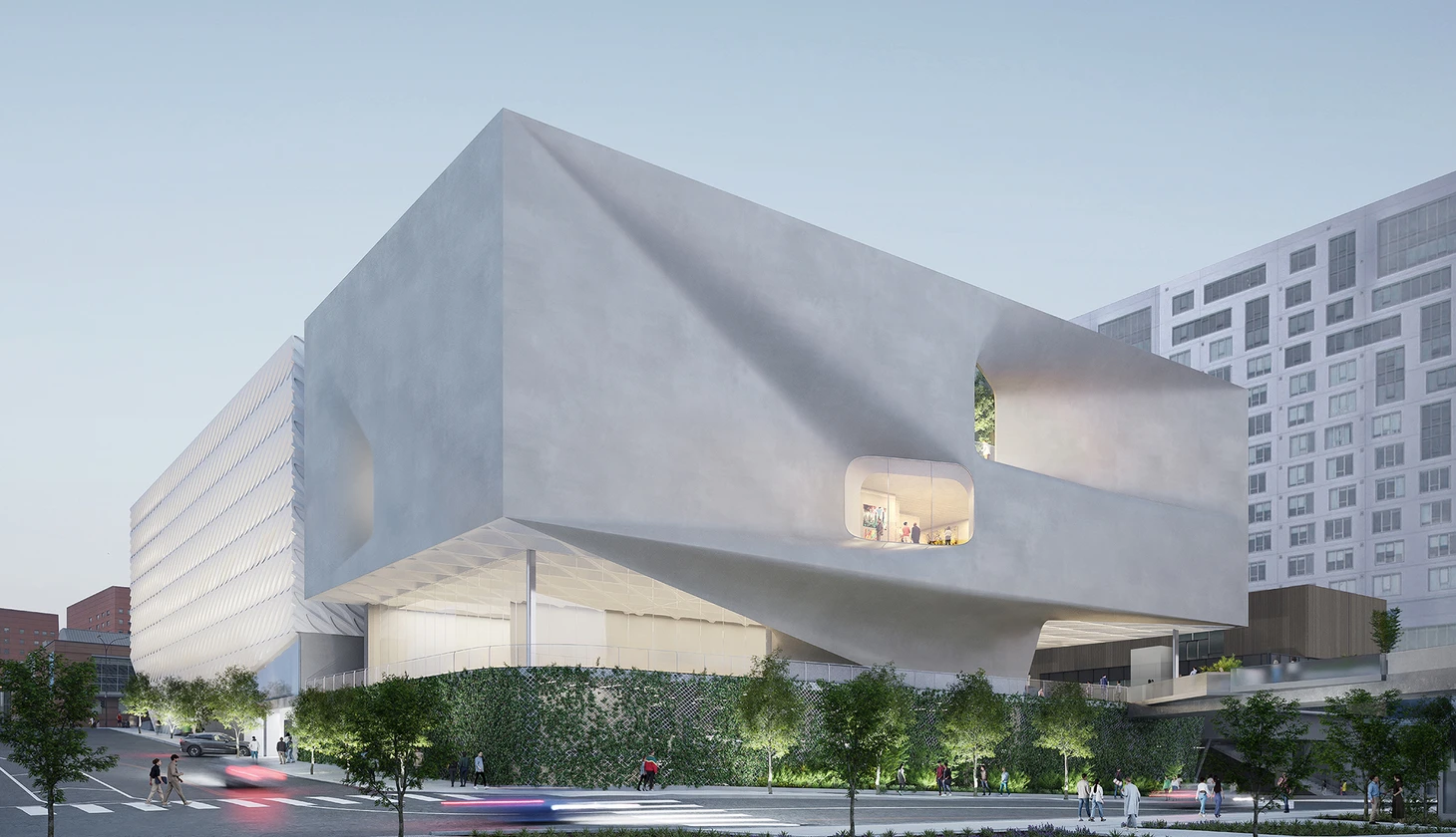 Rendered view of the museum expansion exterior with a smooth gray concrete facade and two windows revealing interior galleries.
