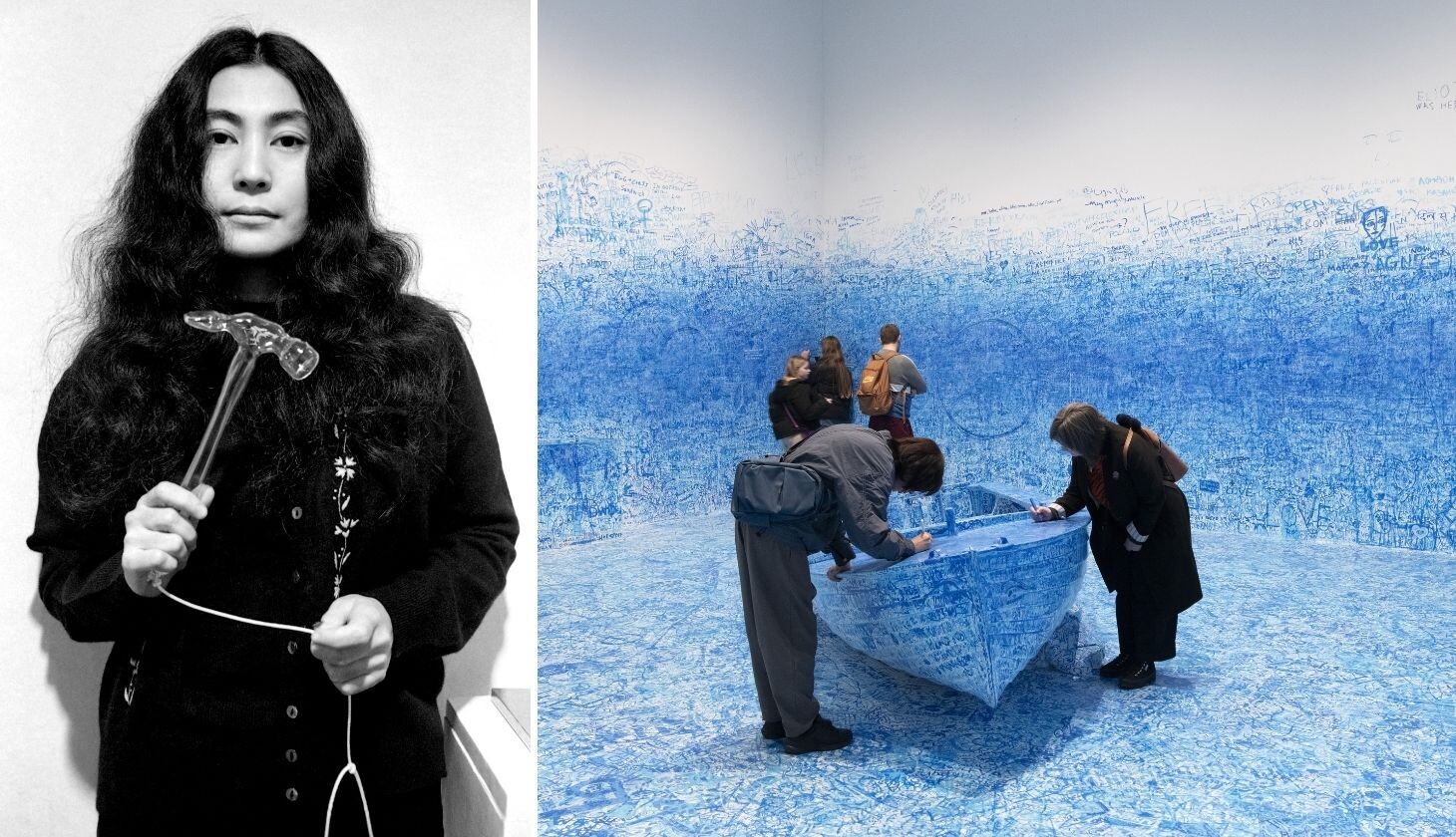 A collage of two images: on the left is a black and white photo of Yoko Ono holding a glass hammer, and on the right is an exhibition photo of visitors interacting in a participatory artwork