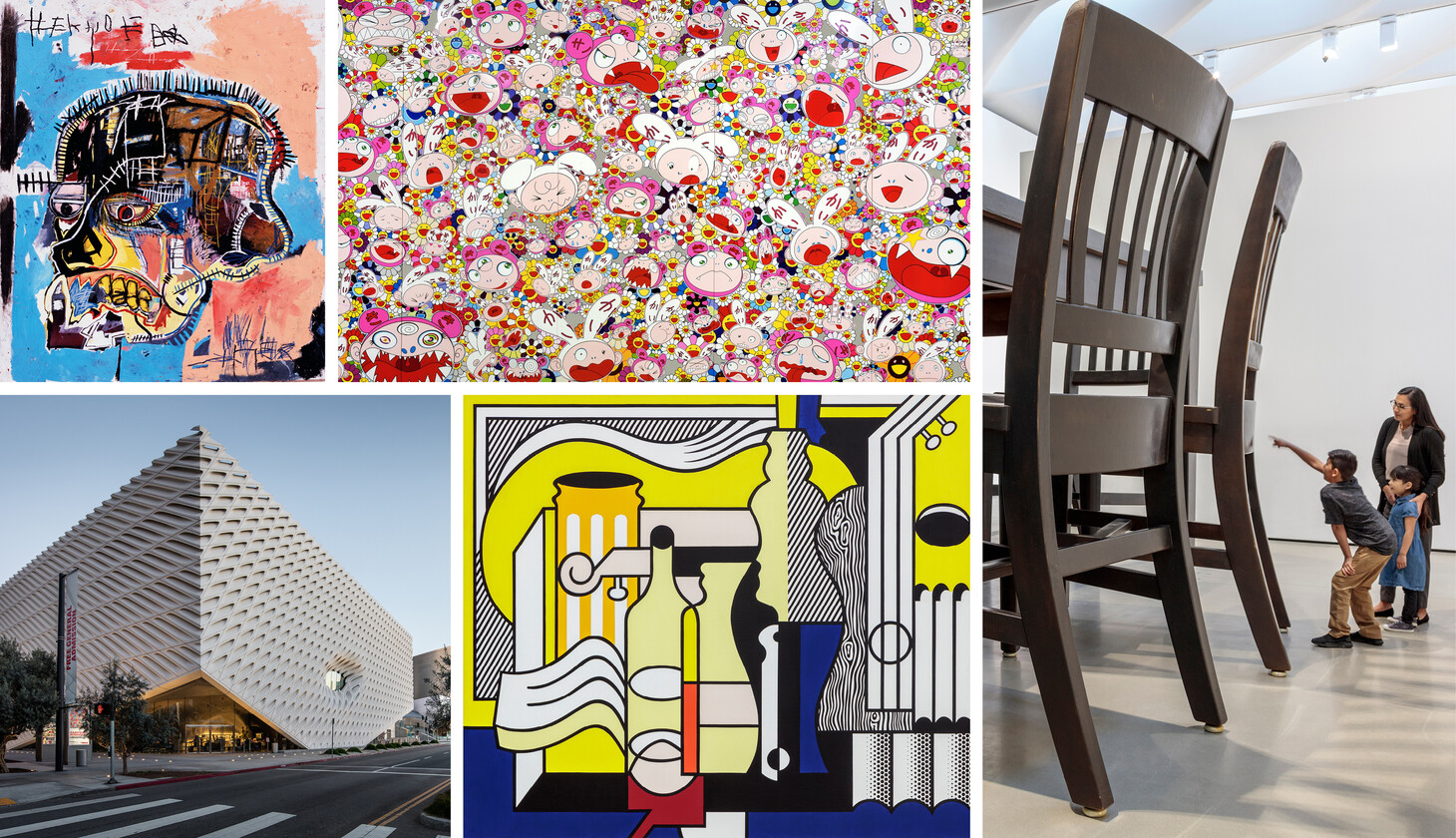 Collage of art found inside The Broad, including the skull painting by Jean-Michel Basquiat, a piece by Takashi Murakami, Roy Lichtenstein, and Robert Therrien. There is also an exterior shot of The Broad.