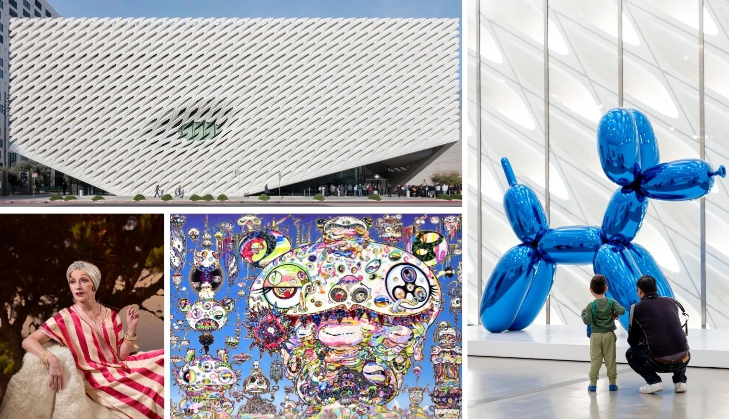 Collage of images of artworks featured inside The Broad as well as an exterior shot of the building
