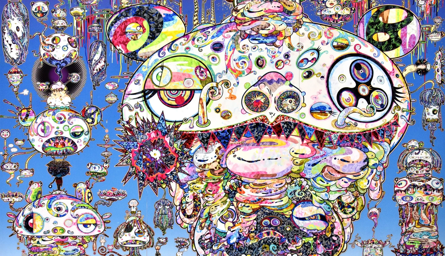 Colorful Takashi Murakami artwork of a large cartoon monster face with swirling cyclone eyes and a toothy grin, surrounded by smaller eyeball creatures on a blue background.