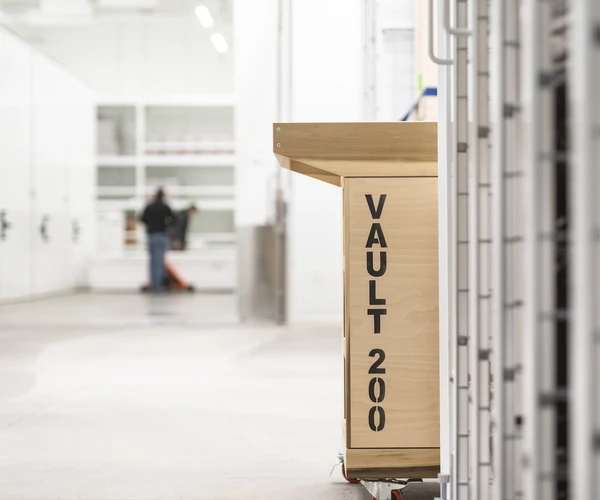 inside the vault at The Broad, featuring a wooden box that says "Vault 200"