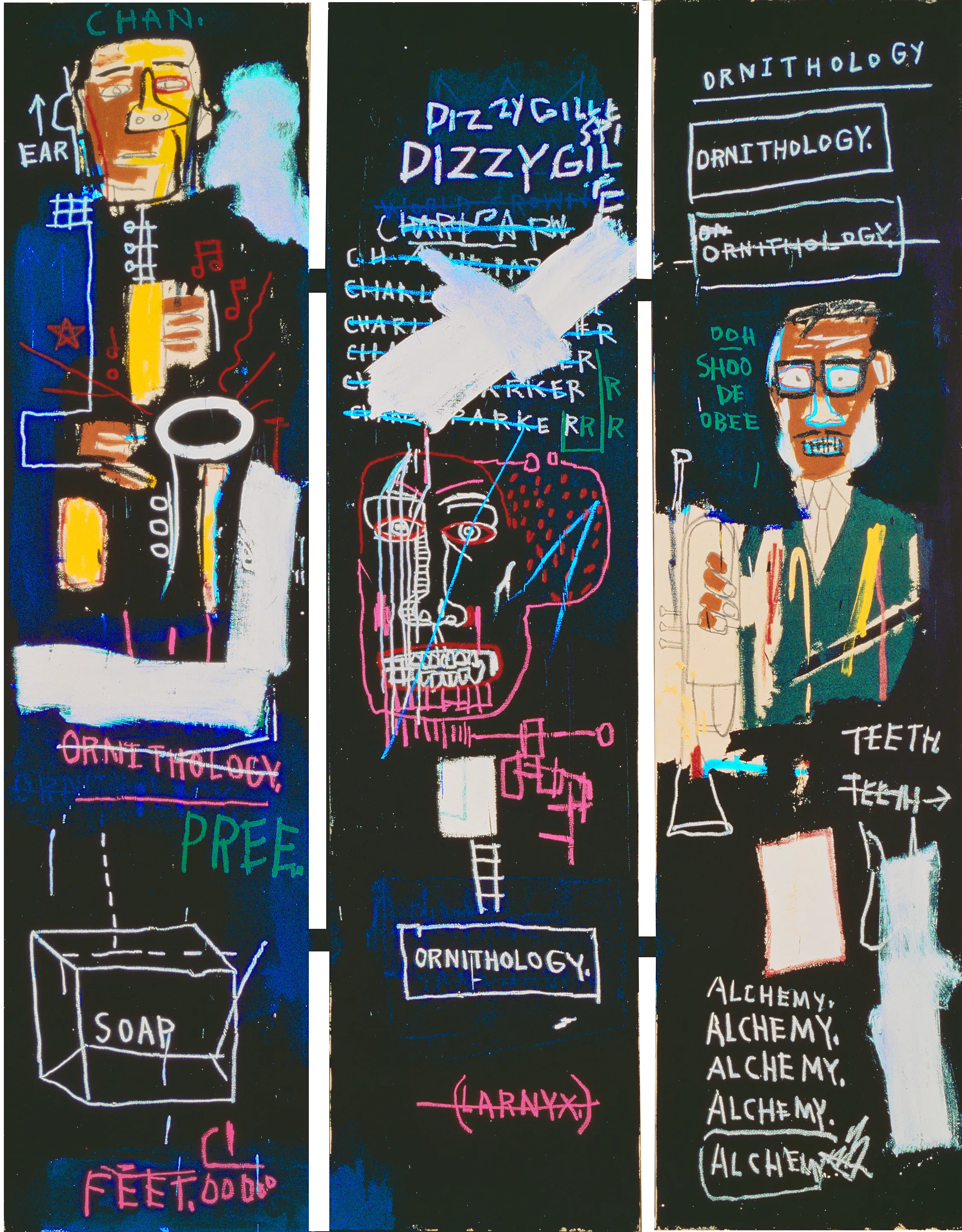 Jean‐Michel Basquiat - Horn Players, 1983, acrylic and oilstick on three canvas panels mounted on wood supports