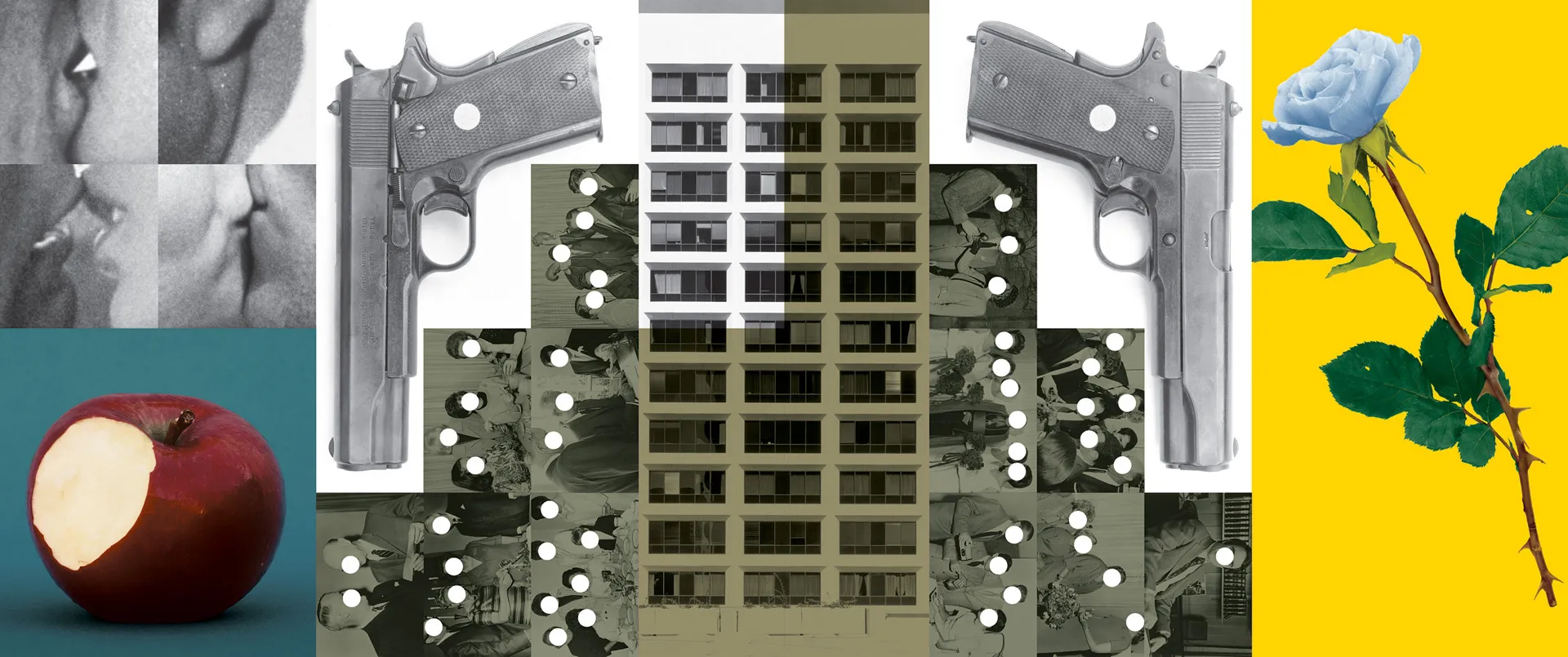 John Baldessari - Buildings=Guns=People: Desire, Knowledge, and Hope (with Smog), 1985, black-and-white and color photographs with vinyl paint and oil tint, mounted on five panels