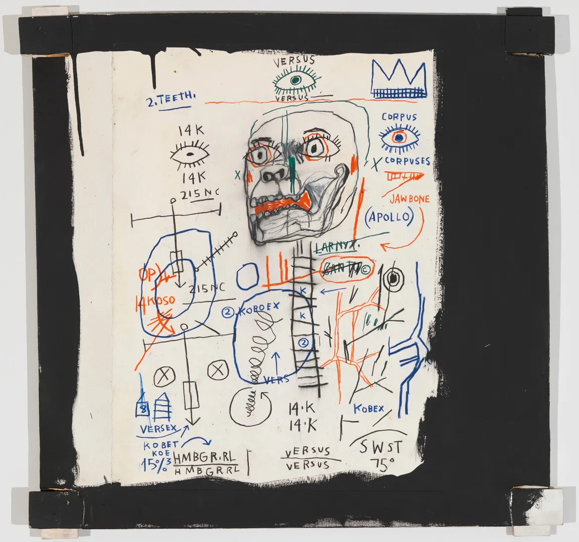 Jean‐Michel Basquiat - Santo 2, 1982, acrylic, oilstick, and paper on canvas with exposed wood supports