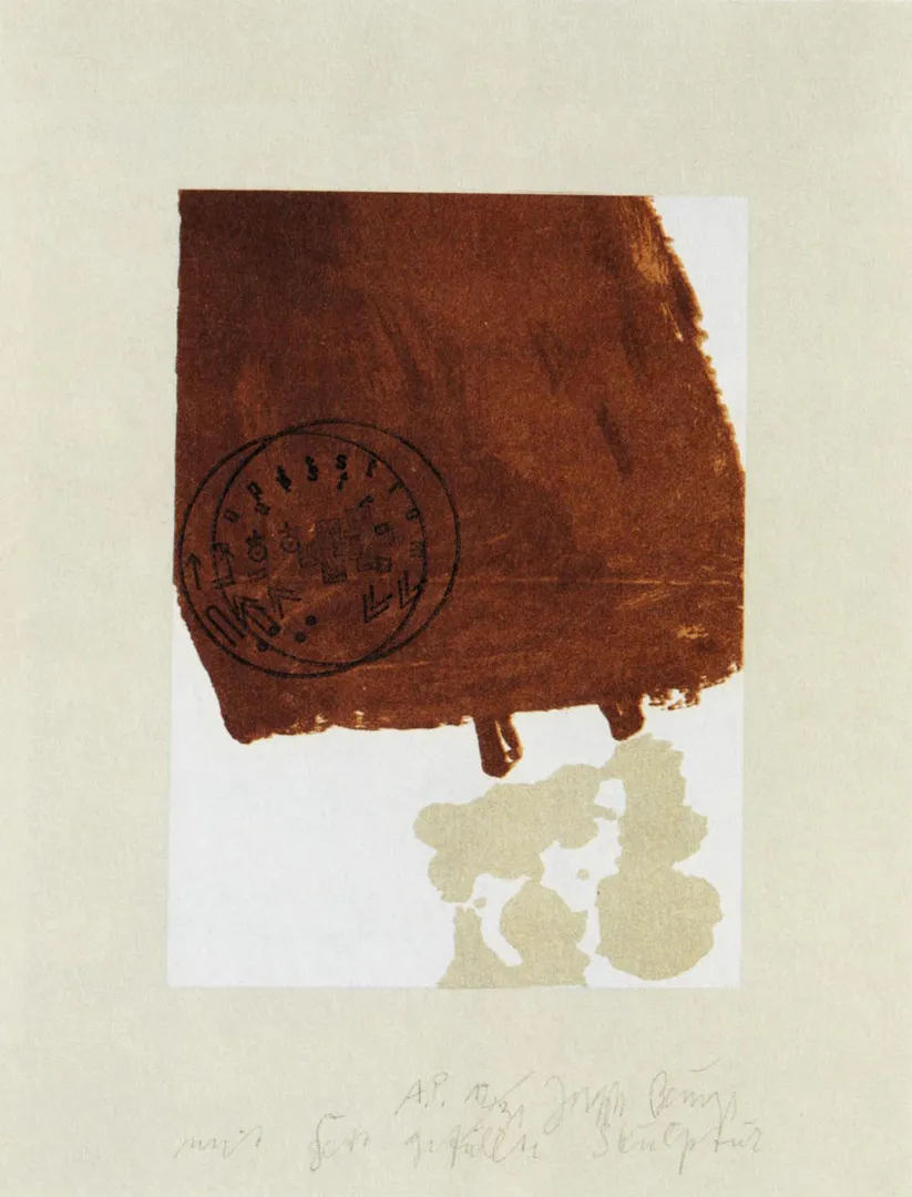 Joseph Beuys - Suite Schwurhand: mit Fett gefüllte Skulptur (Suite Oath Hand: Fat-Filled Sculpture), 1980, aquatint and lithograph on paper laid down on gray Rives wove