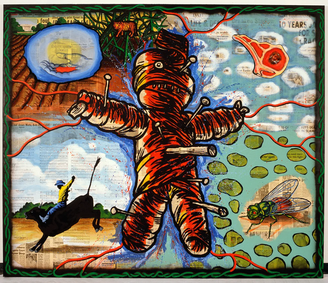 David Wojnarowicz - The Newspaper as National Voodoo: A Brief History of the U.S.A., 1986, acrylic, spray paint, and collage on wood