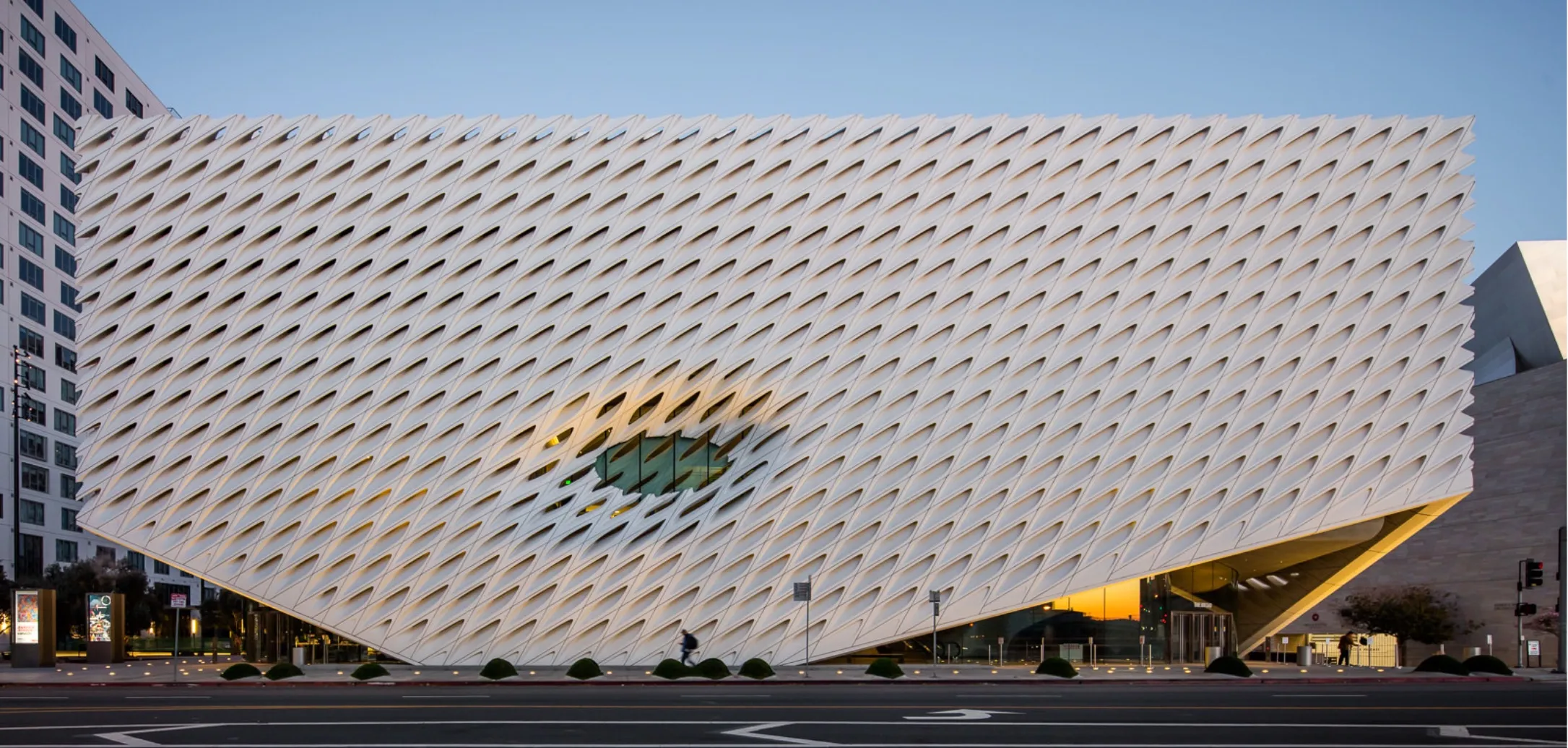 Photo of the exterior of The Broad at sunset