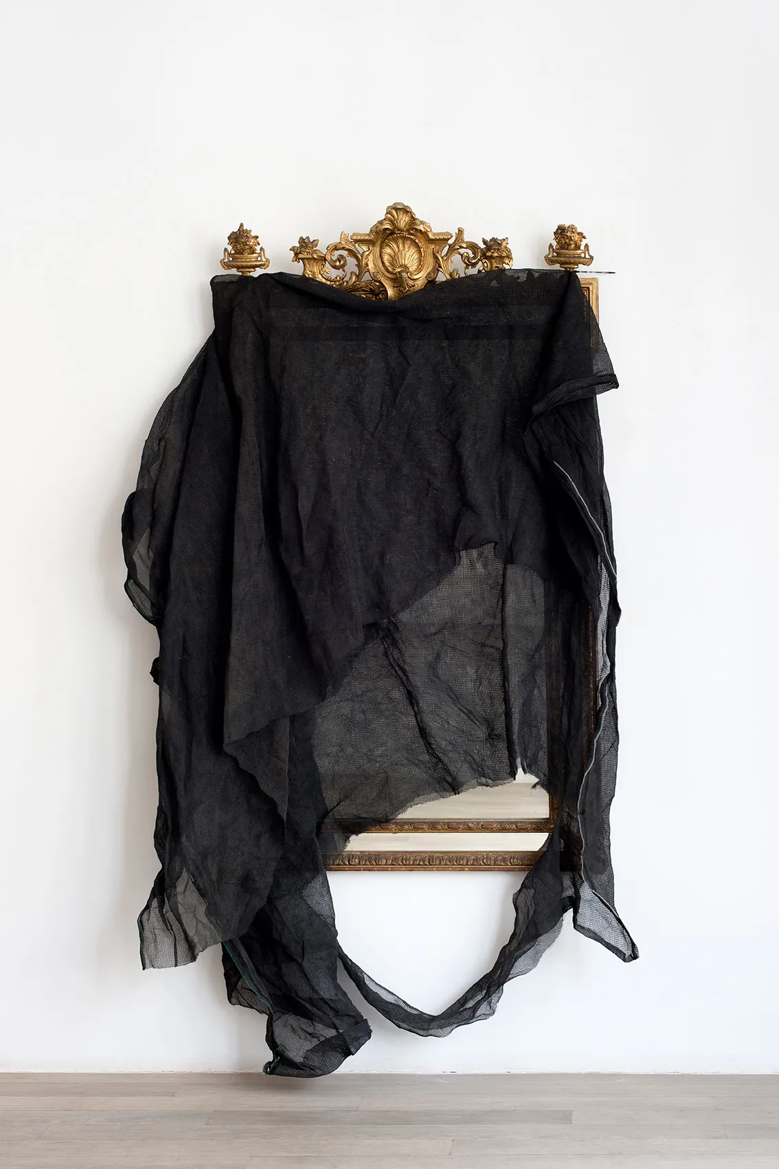 David Hammons - Untitled, 2014, fabric, mirror, nylon strap and wood